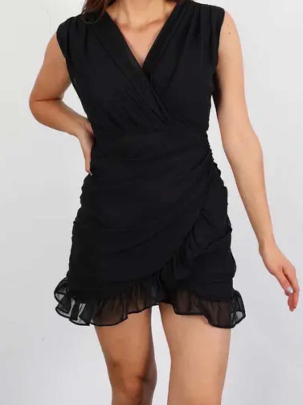 TCEC Black Sleeveless Wrap V-Neck Ruffle Mini Dress